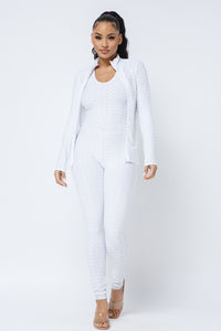 Come Alive! 2pc Honeycomb Jumpsuit and Jacket Set/White